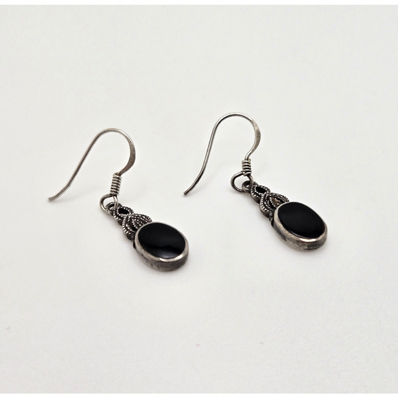 Vintage Sterling Silver Earrings Black Enamel Dangle Filigree Boho Dainty Twee - Picture 3 of 13
